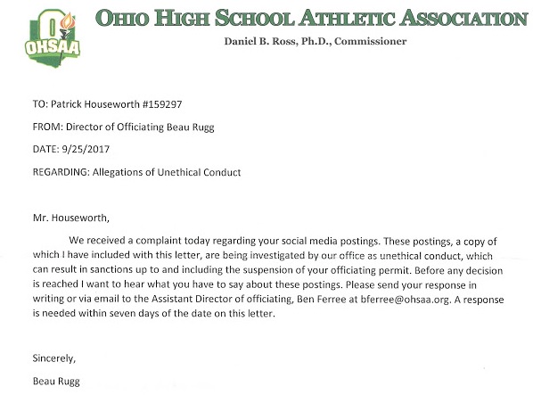 OHSAA letter to Pat Houseworth