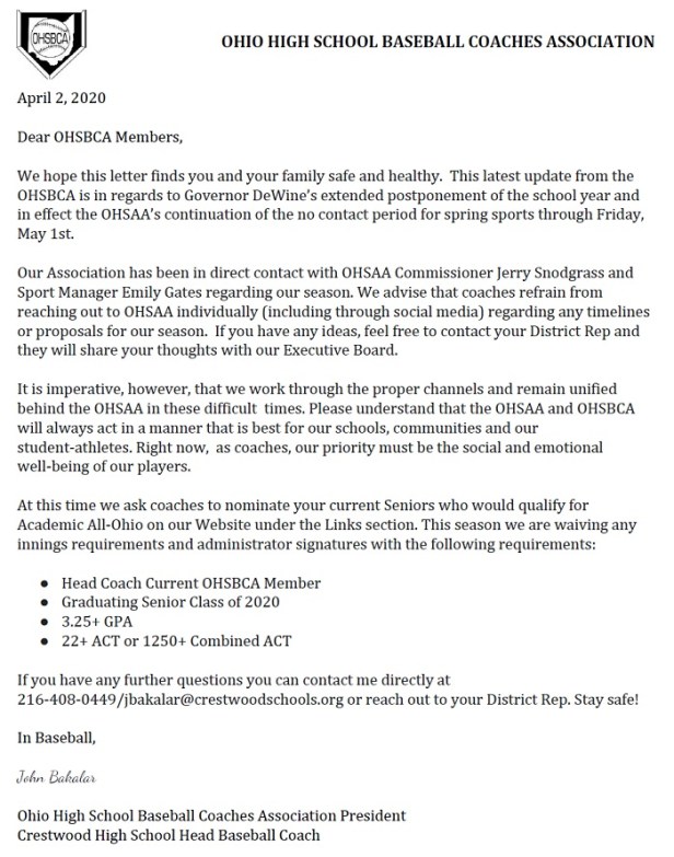 OHSBCA Letter to Coaches
